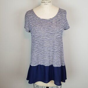 Anthropologie W5 Navy Striped Relaxed Coastal Blouse with Chiffon Hem  * Medium